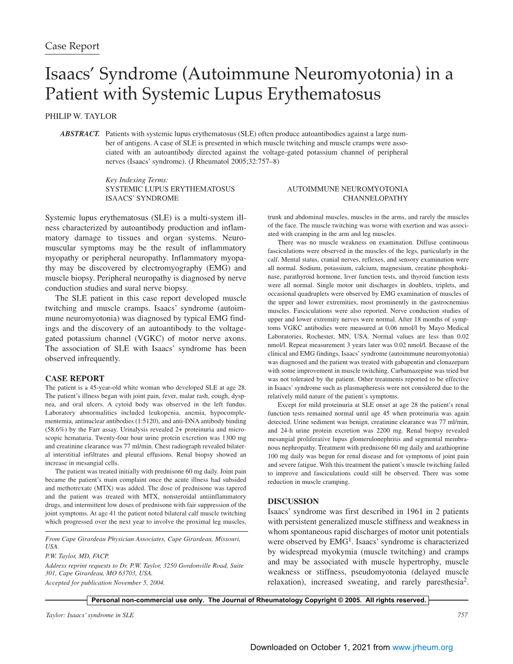 Isaacs' Syndrome (Autoimmune Neuromyotonia) in a Patient with Systemic Lupus Erythematosus