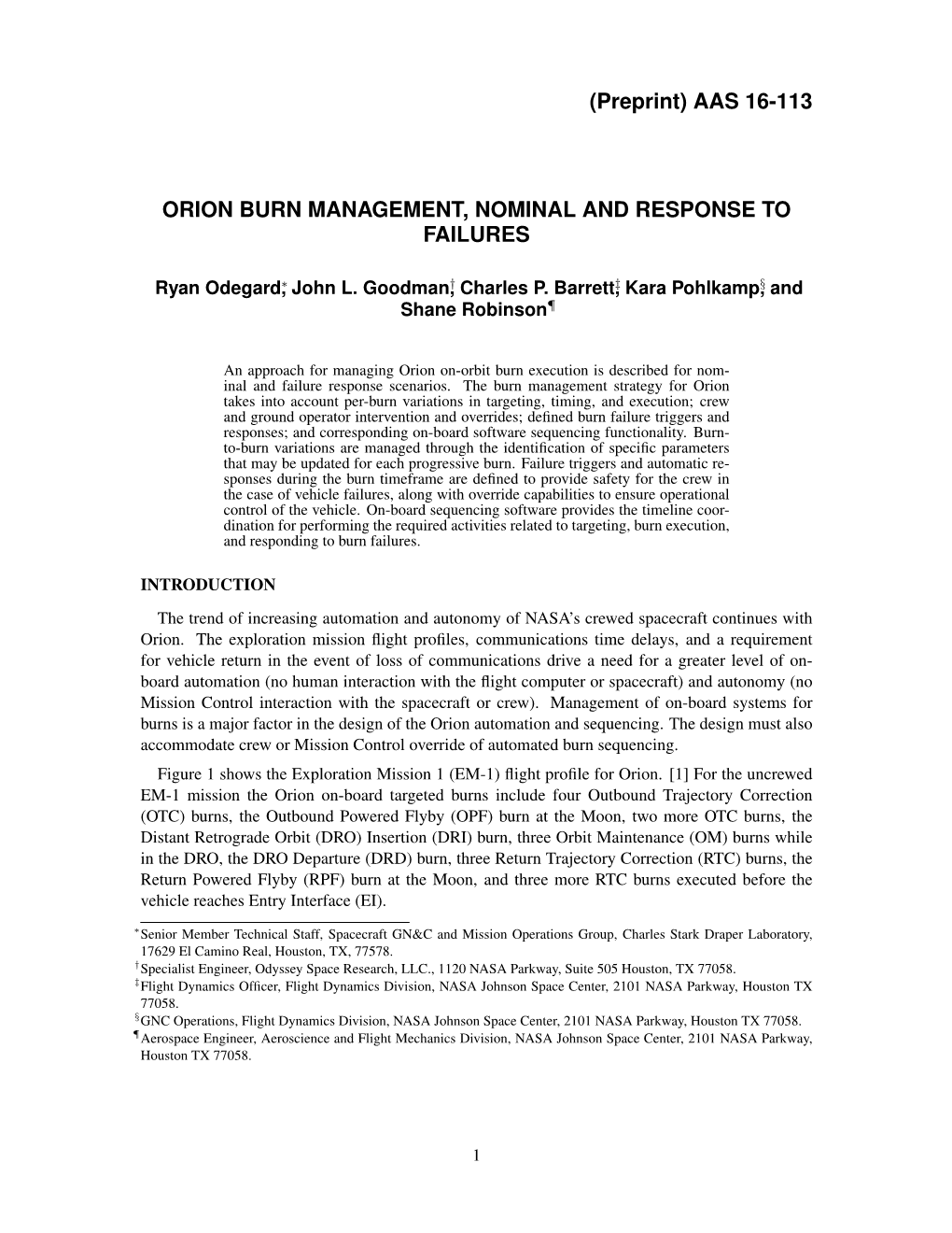 (Preprint) AAS 16-113 ORION BURN MANAGEMENT, NOMINAL AND