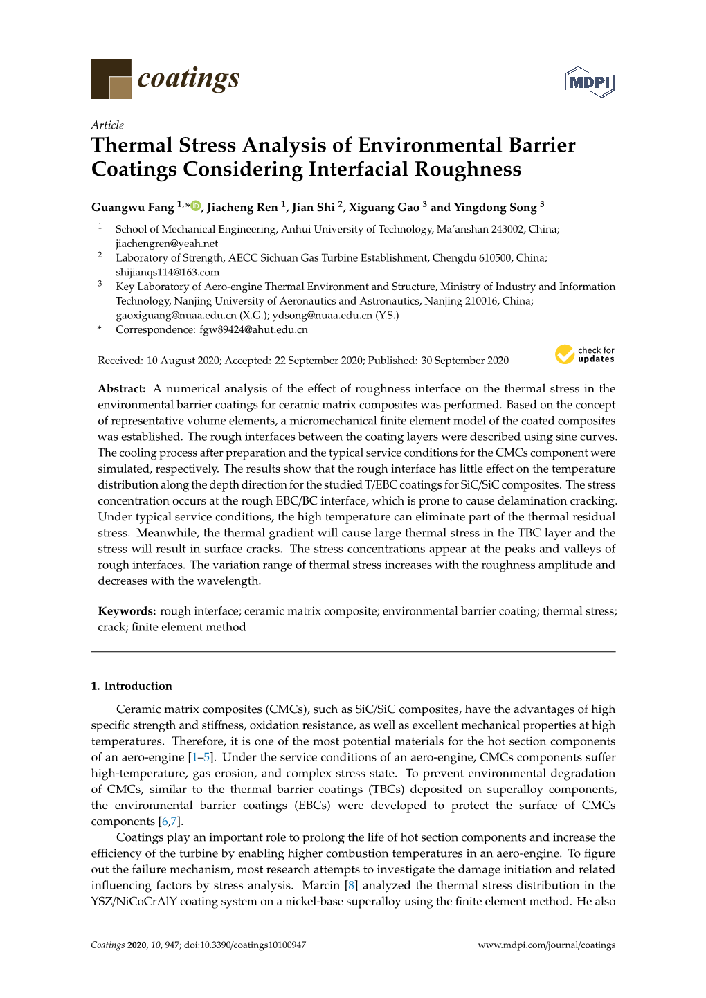 Thermal Stress Analysis of Environmental Barrier Coatings Considering Interfacial Roughness