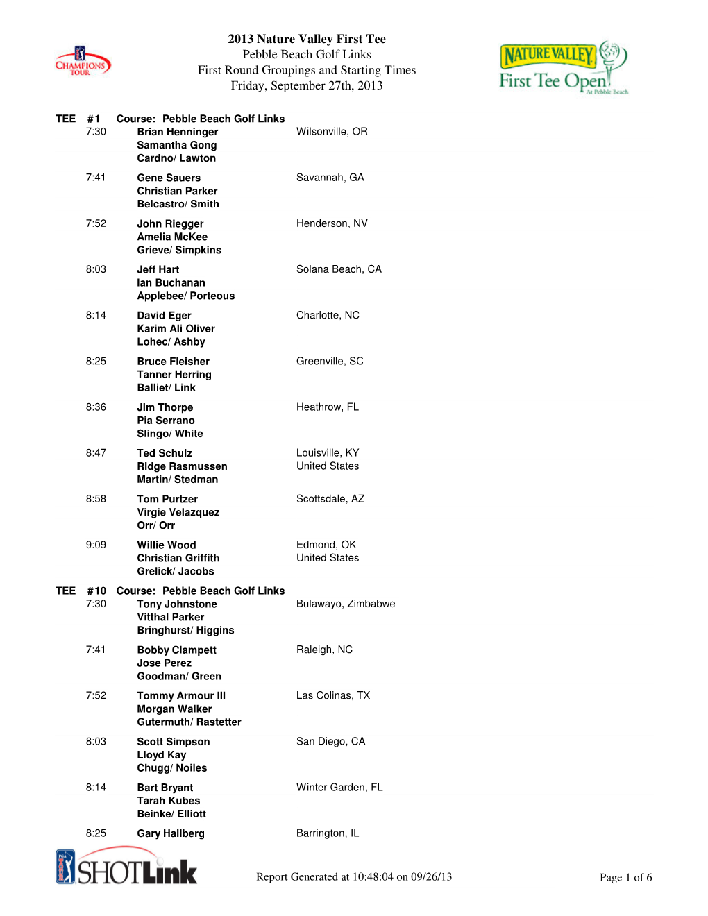 2013 Nature Valley First Tee Pebble Beach Golf Links First Round Groupings and Starting Times Friday, September 27Th, 2013