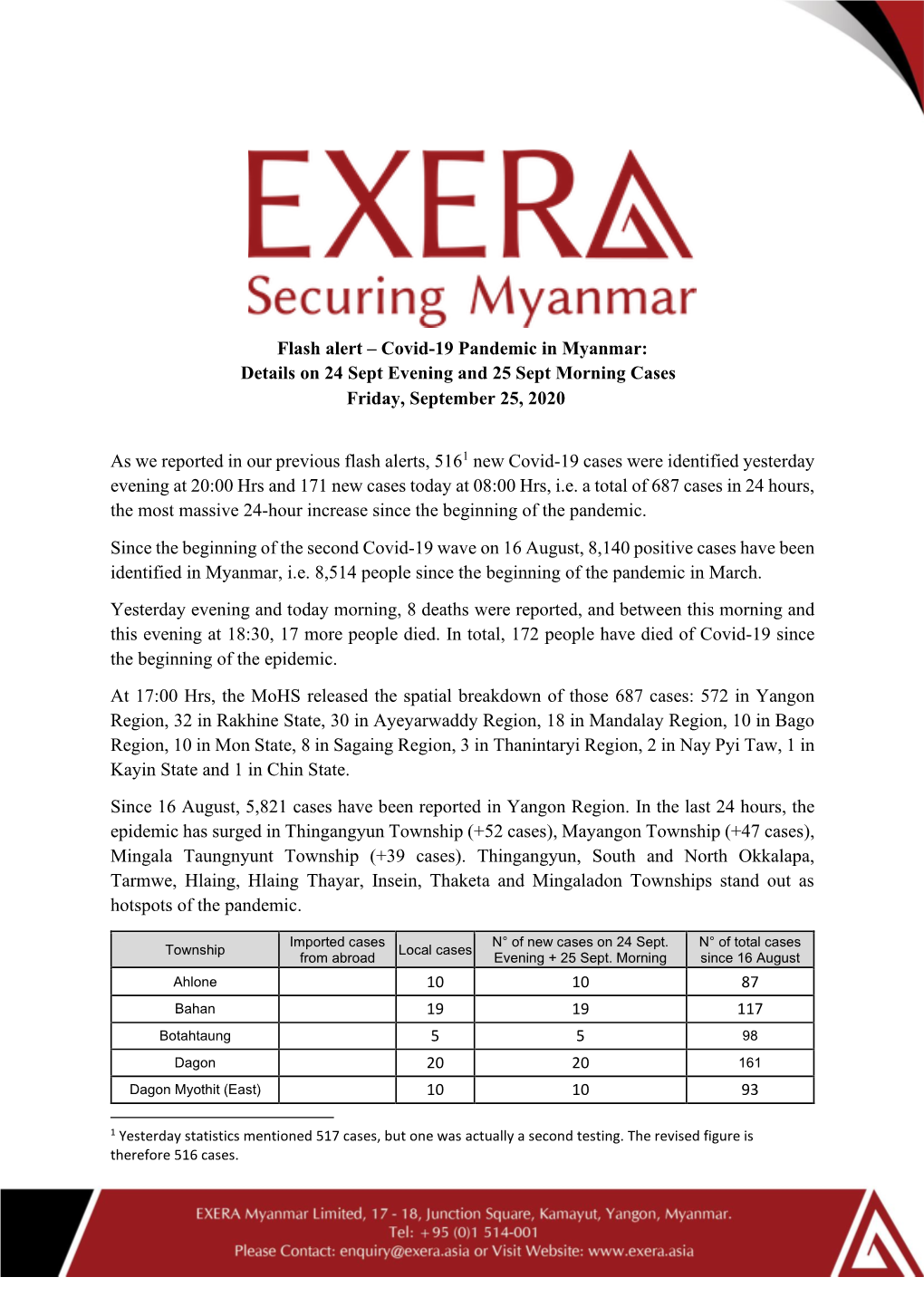 Flash Alert – Covid-19 Pandemic in Myanmar: Details on 24 Sept Evening and 25 Sept Morning Cases Friday, September 25, 2020