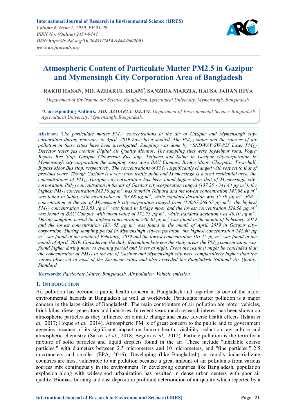 Atmospheric Content of Particulate Matter PM2.5 in Gazipur and Mymensingh City Corporation Area of Bangladesh