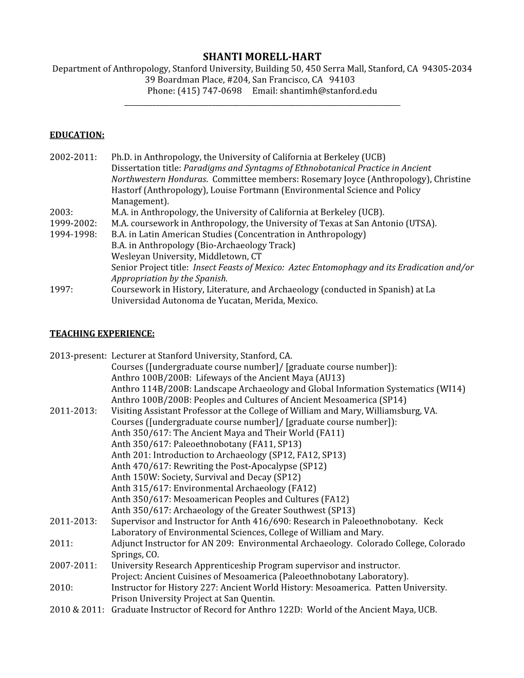 Shanti Morell-Hart's CV