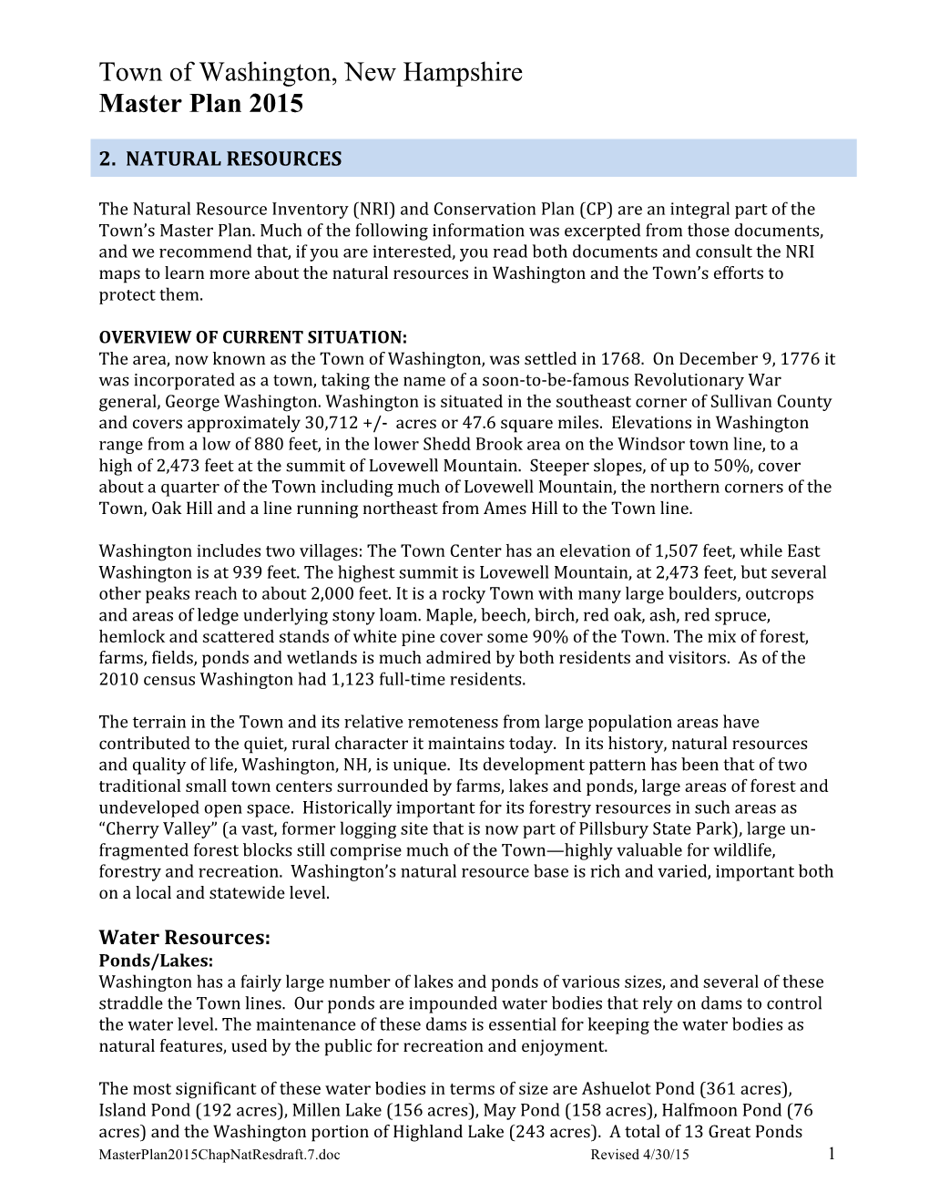 Town of Washington, New Hampshire Master Plan 2015