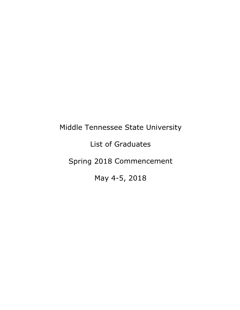 Middle Tennessee State University List of Graduates Spring 2018