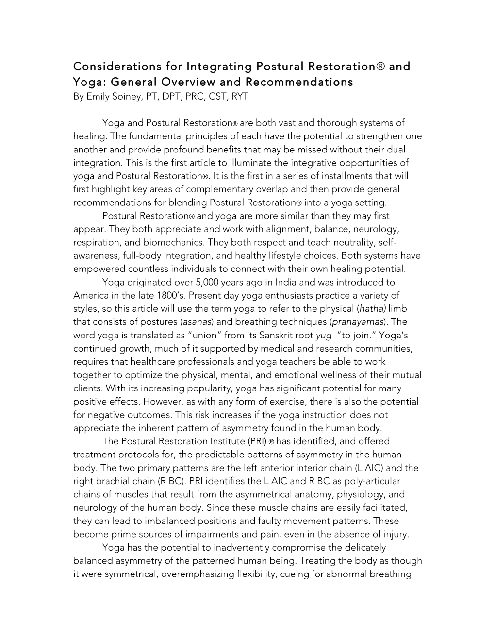 Considerations for Integrating Postural Restoration® and Yoga: General Overview and Recommendations by Emily Soiney, PT, DPT, PRC, CST, RYT