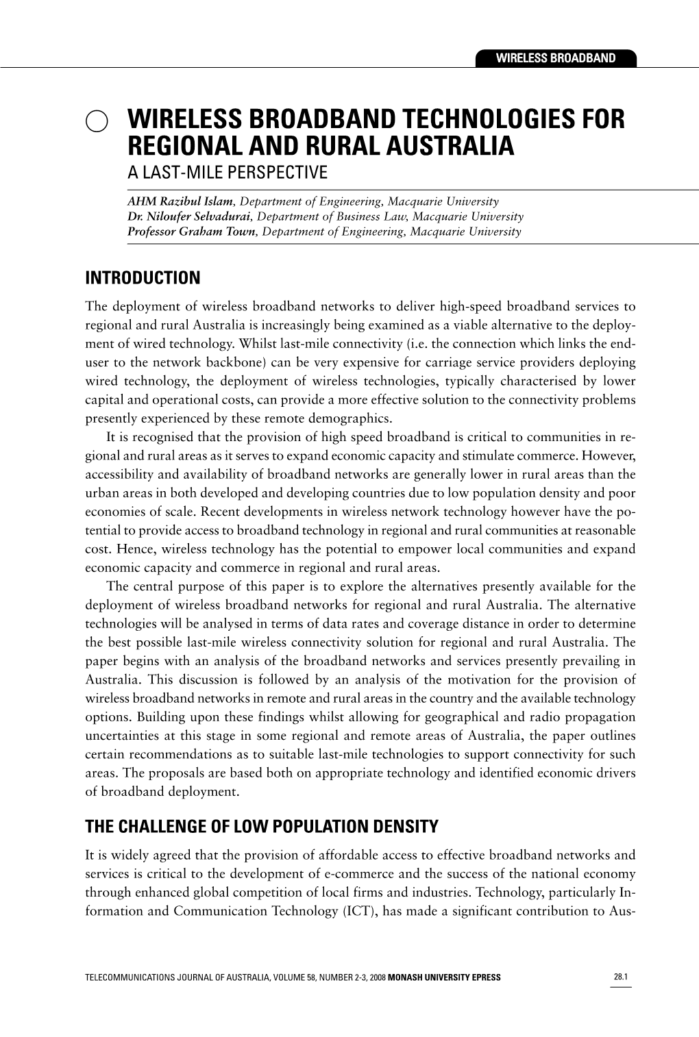 Wireless Broadband Technologies for Regional and Rural Australia a Last-Mile Perspective