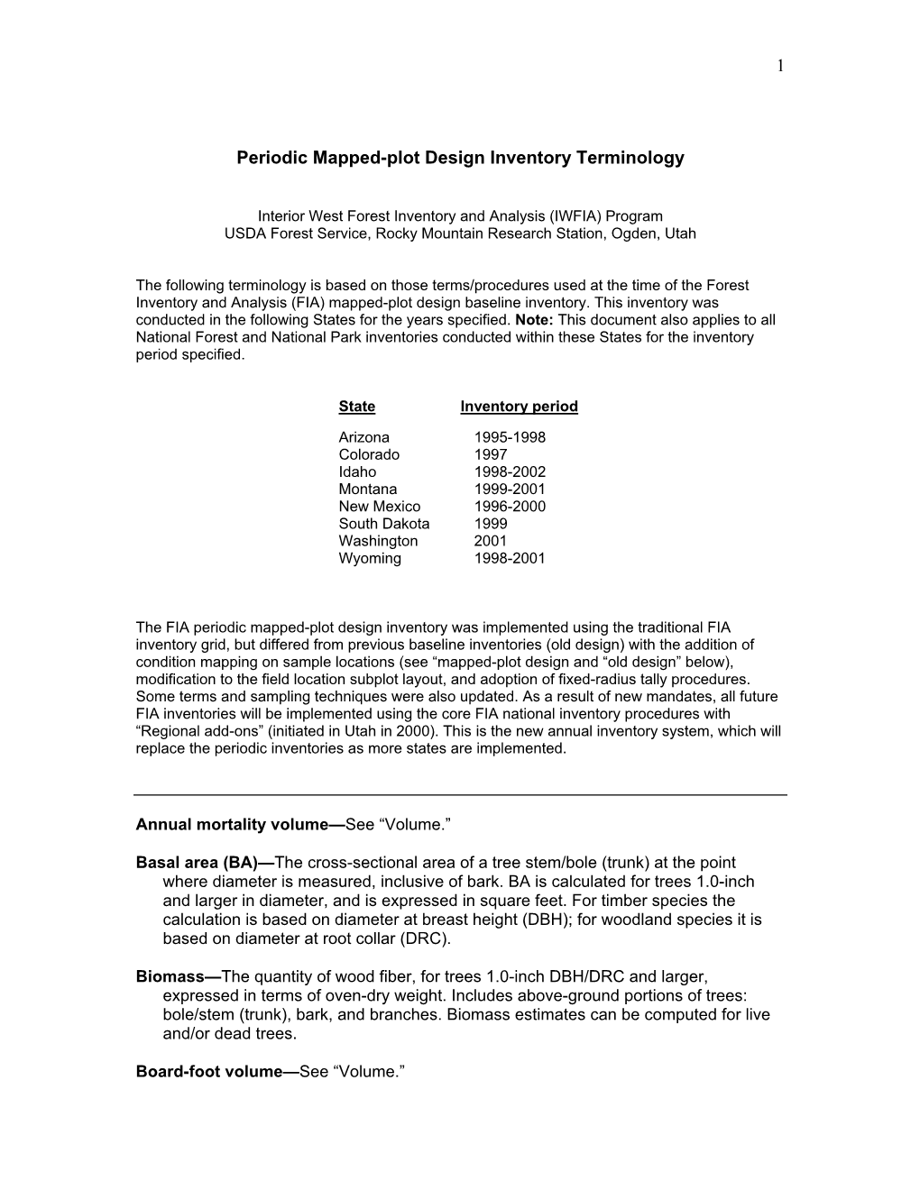 Standard Forest Inventory and Analysis Terminology