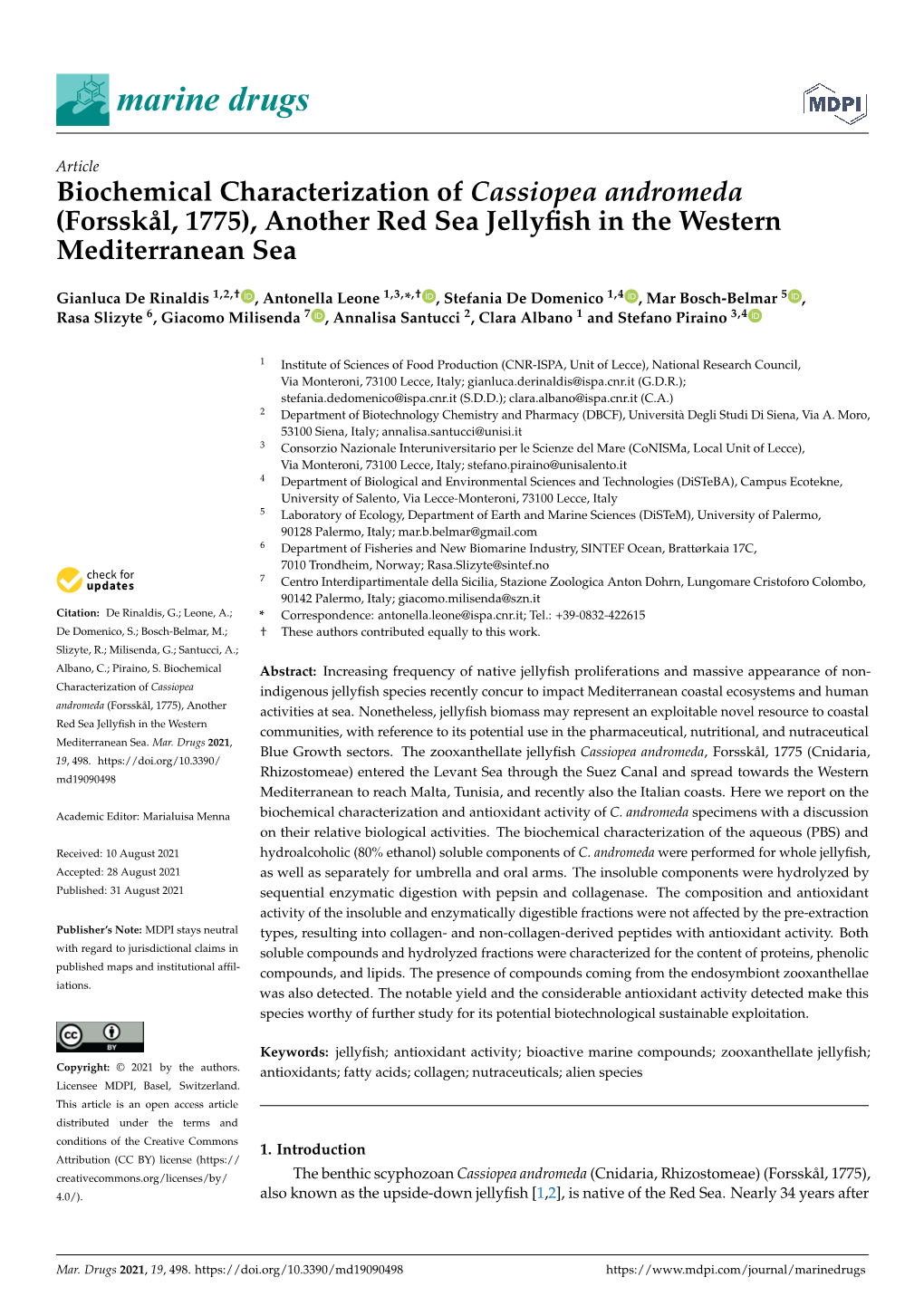 Biochemical Characterization of Cassiopea Andromeda (Forsskål, 1775), Another Red Sea Jellyﬁsh in the Western Mediterranean Sea