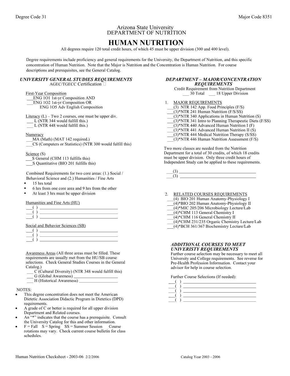 HUMAN NUTRITION All Degrees Require 120 Total Credit Hours, of Which 45 Must Be Upper Division (300 and 400 Level)