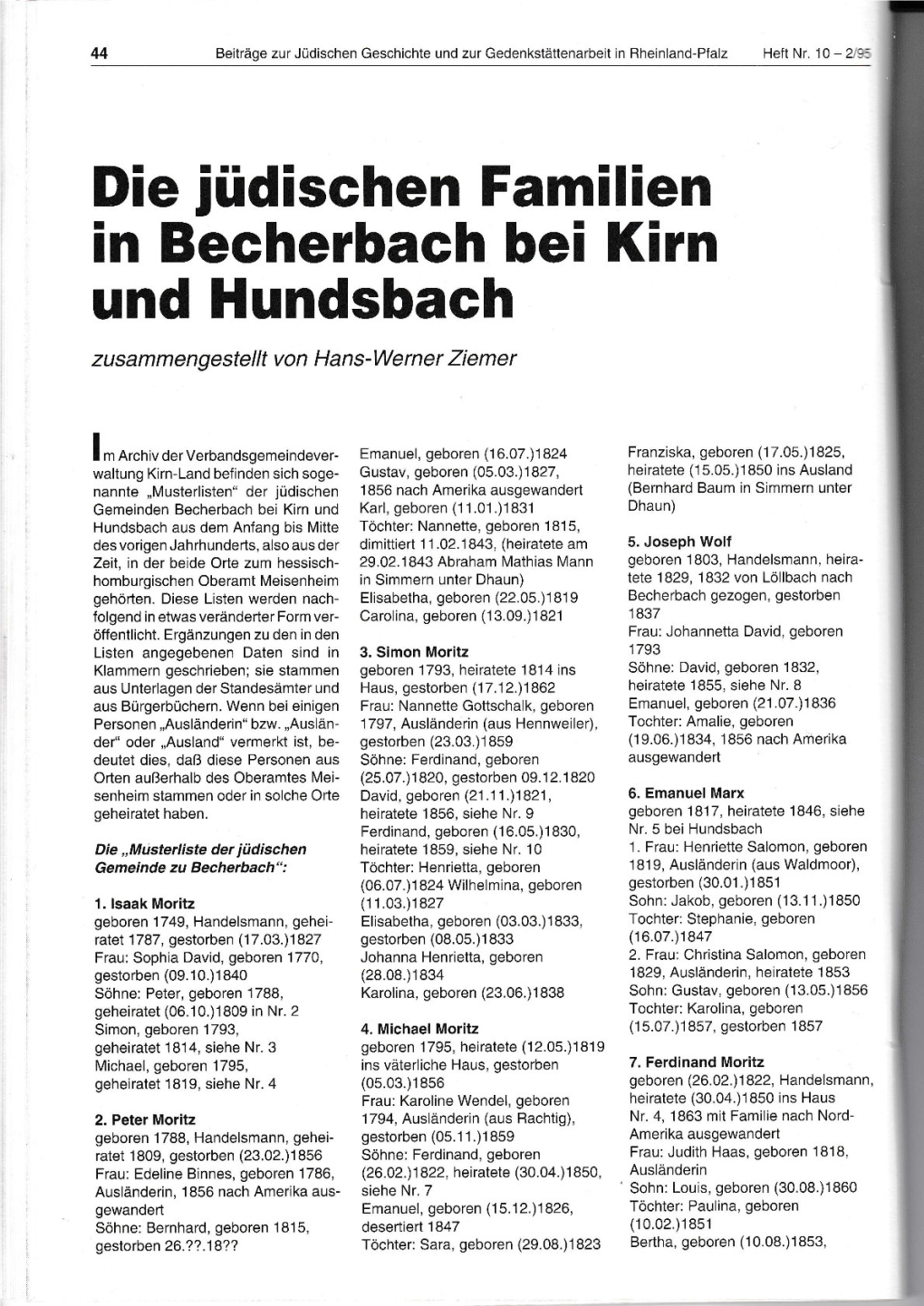 Die Iüdischen Familien in Becherbach Bei Klrn Und Hundsbach Zusammengestellt Von Hans-Werner Ziemer