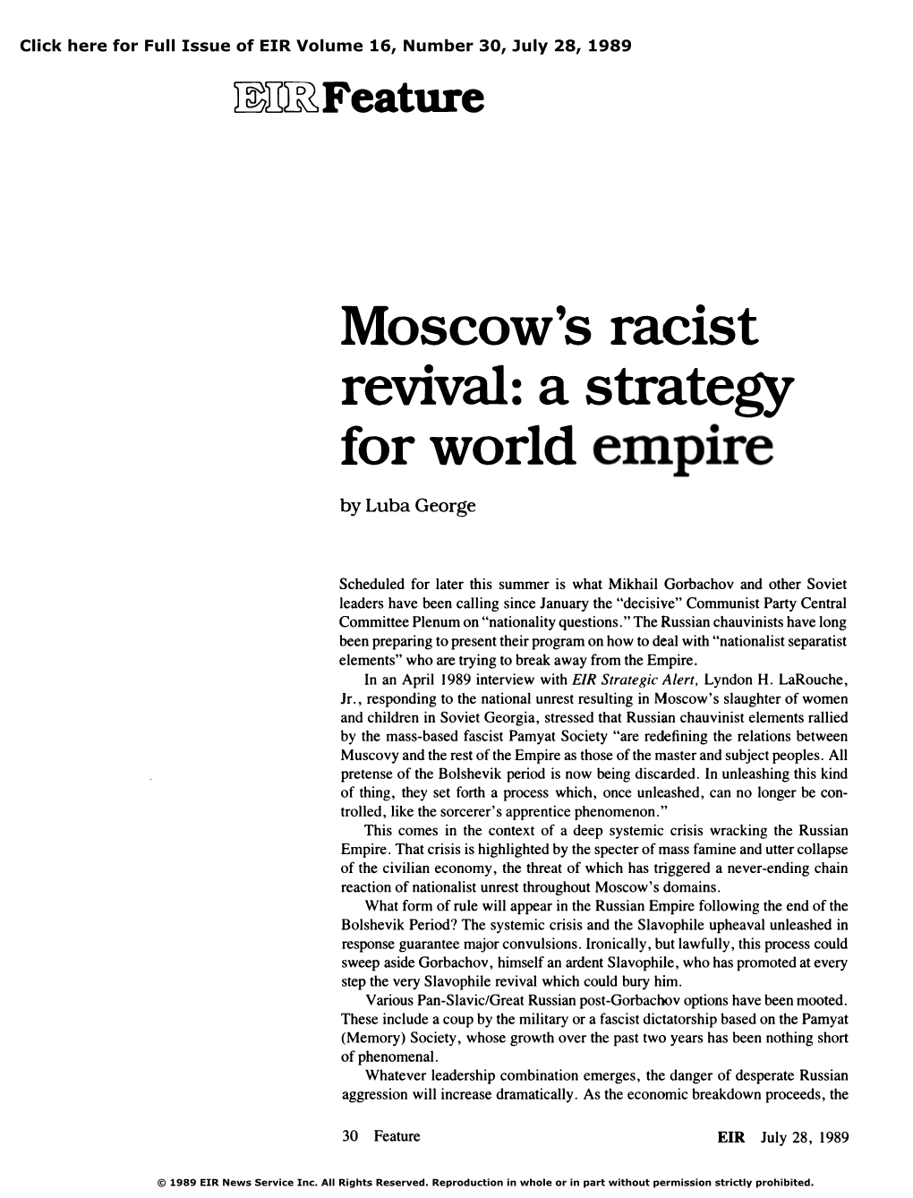 Moscow's Racist Revival: a Strategy for World Empire