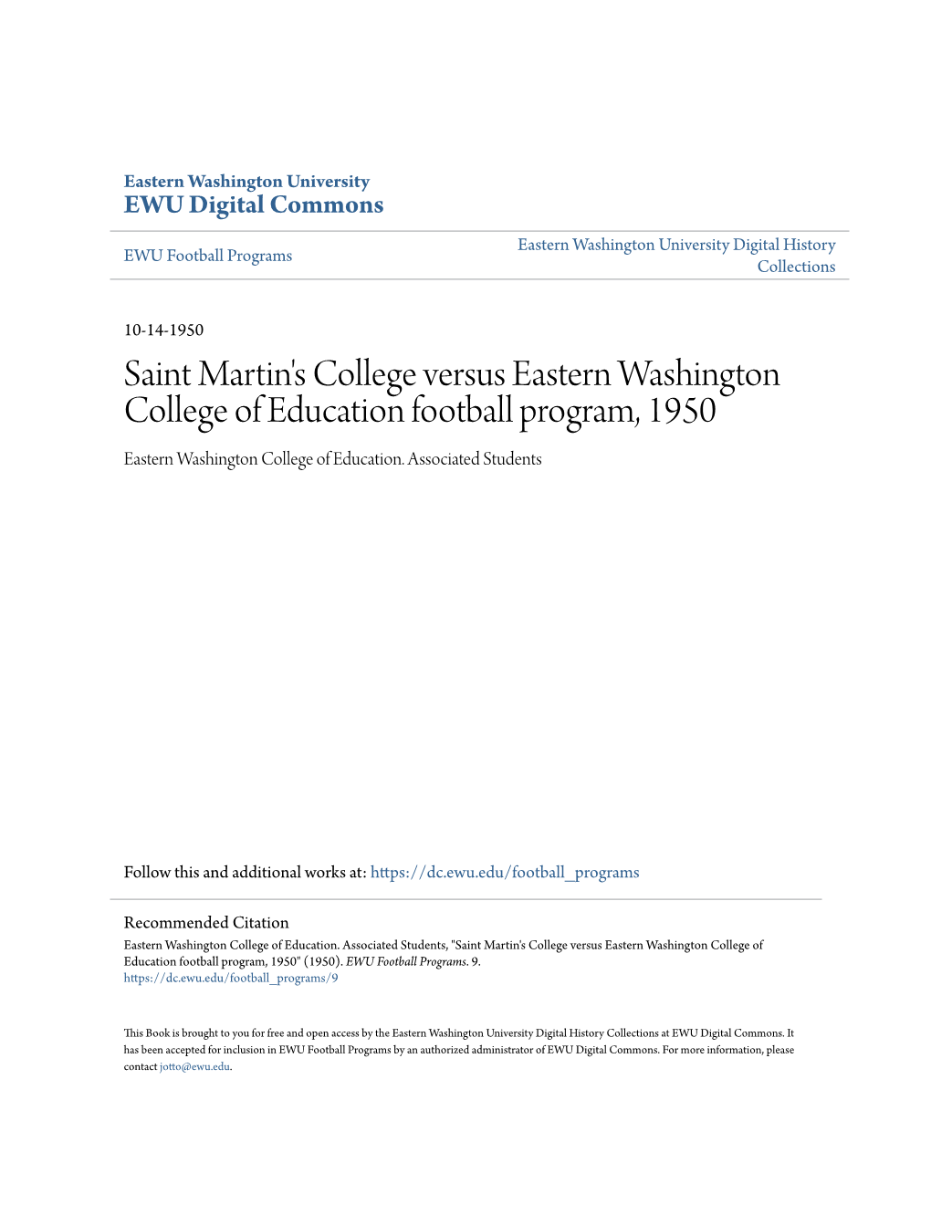Saint Martin's College Versus Eastern Washington College of Education Football Program, 1950 Eastern Washington College of Education