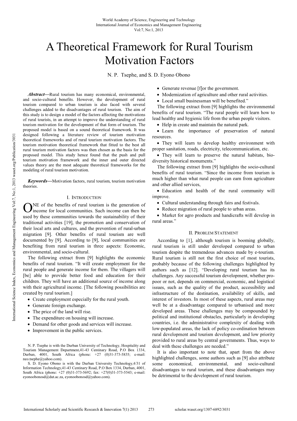 A Theoretical Framework for Rural Tourism Motivation Factors