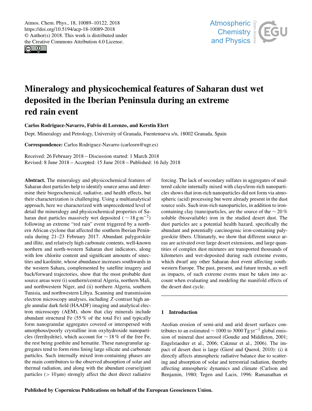 Mineralogy and Physicochemical Features of Saharan Dust Wet Deposited in the Iberian Peninsula During an Extreme Red Rain Event