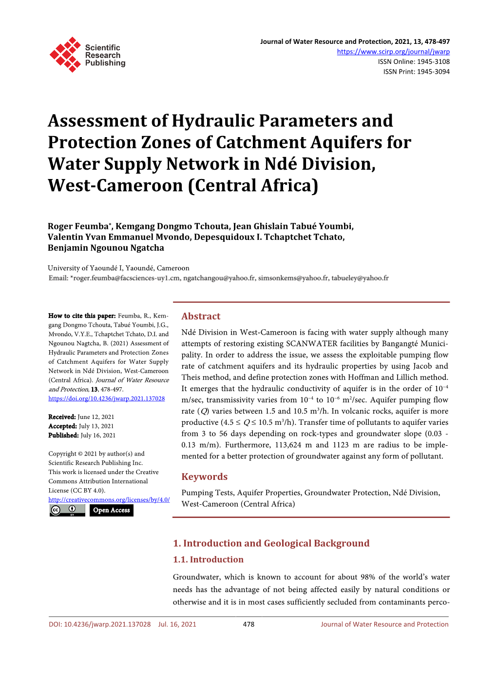 Assessment of Hydraulic Parameters and Protection Zones of Catchment Aquifers for Water Supply Network in Ndé Division, West-Cameroon (Central Africa)