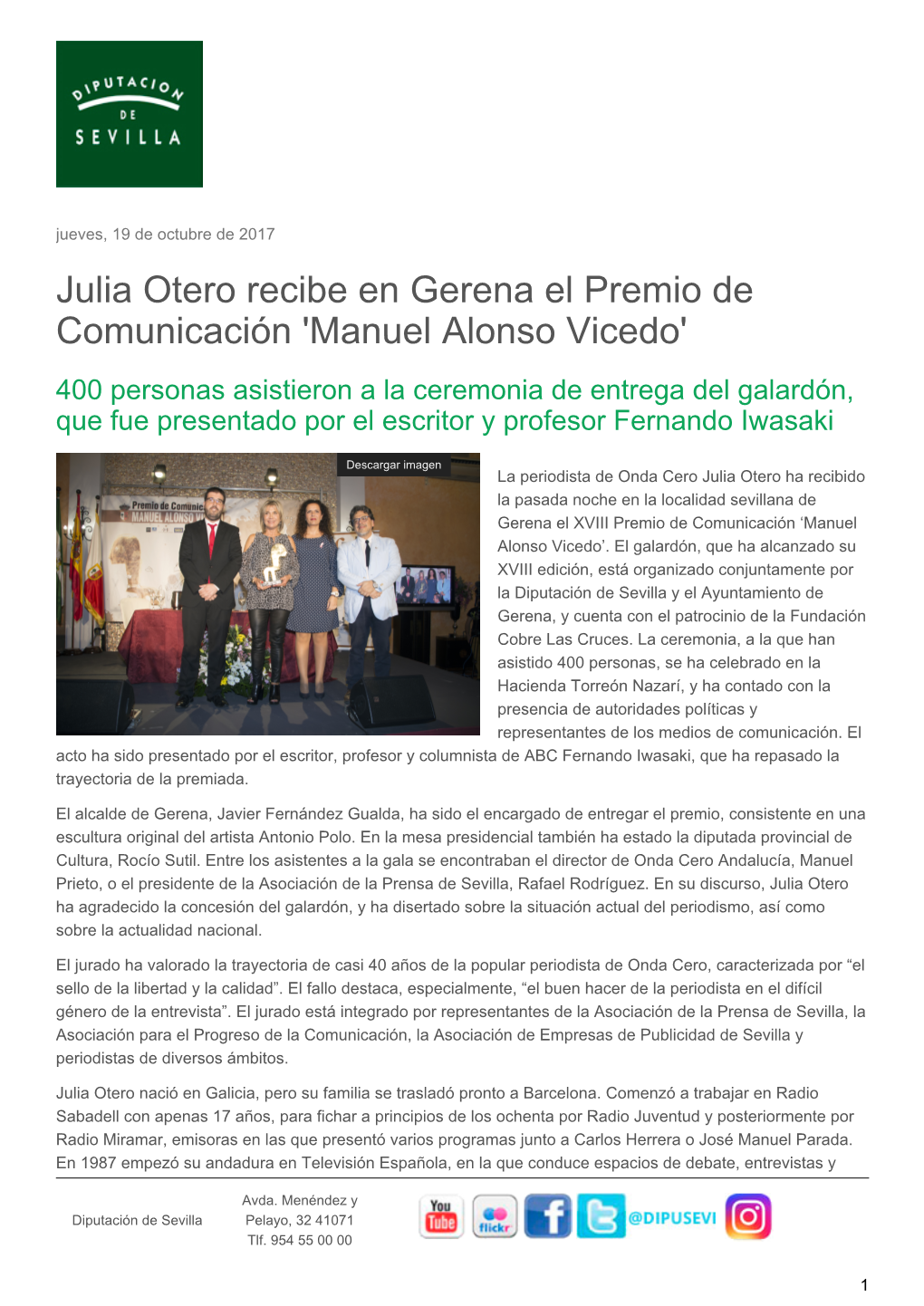 Julia Otero Recibe En Gerena El Premio De Comunicación 'Manuel