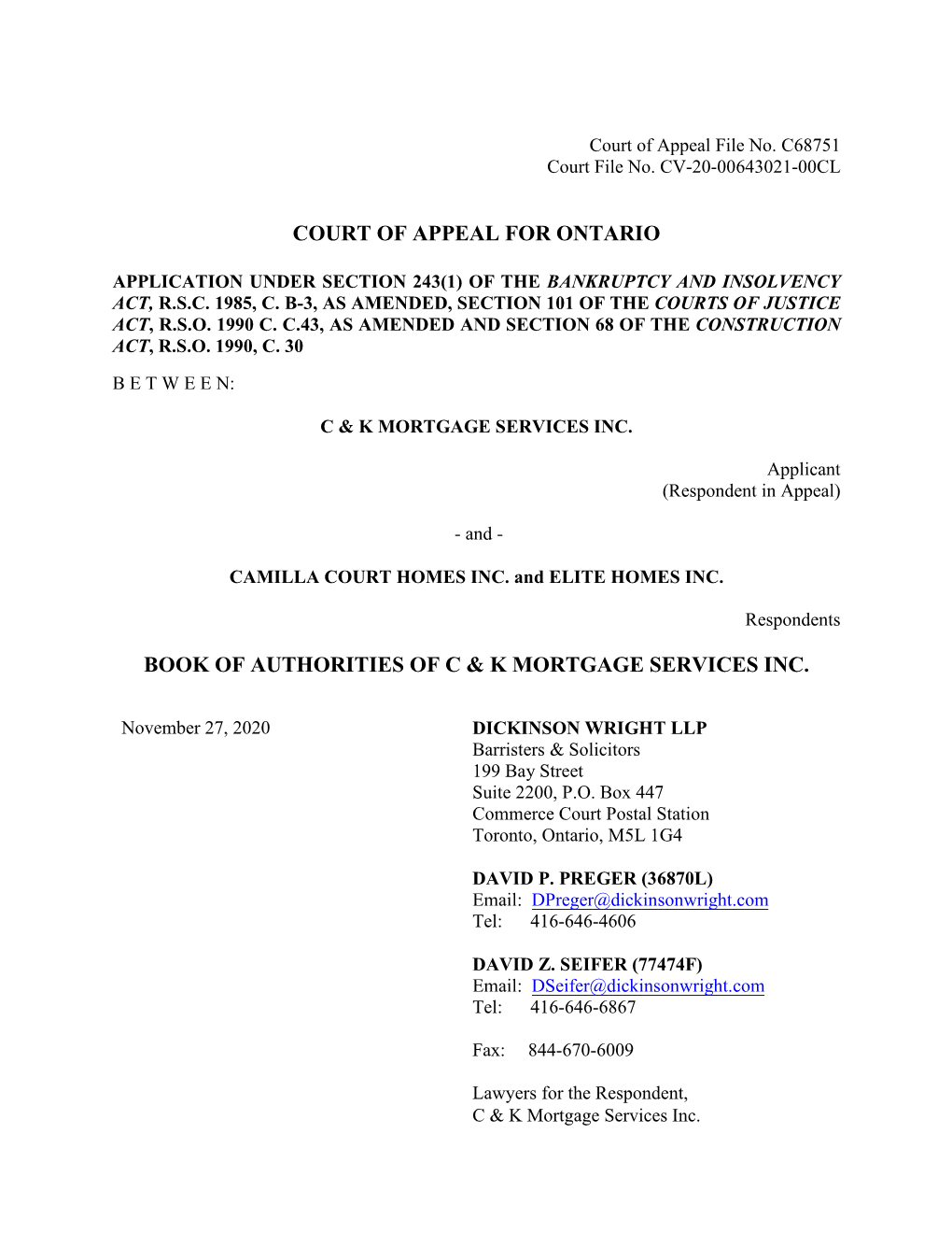 Court of Appeal for Ontario Book of Authorities of C & K