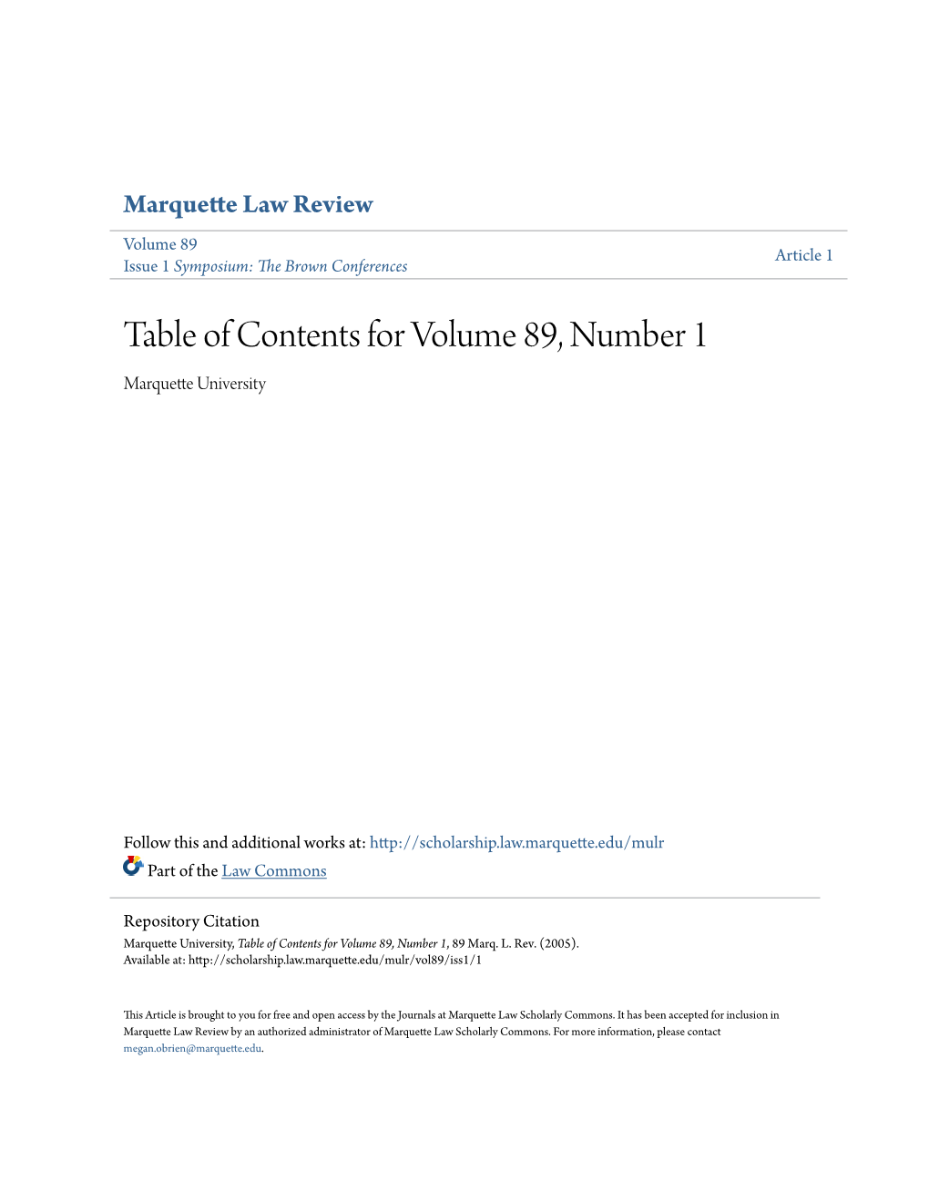 Table of Contents for Volume 89, Number 1 Marquette University