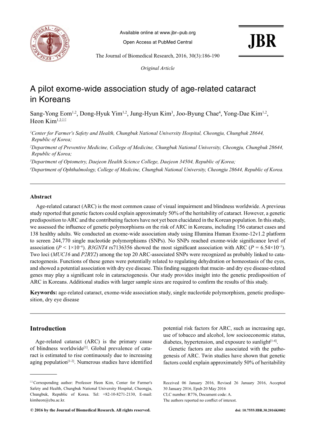 A Pilot Exome-Wide Association Study of Age-Related Cataract in Koreans