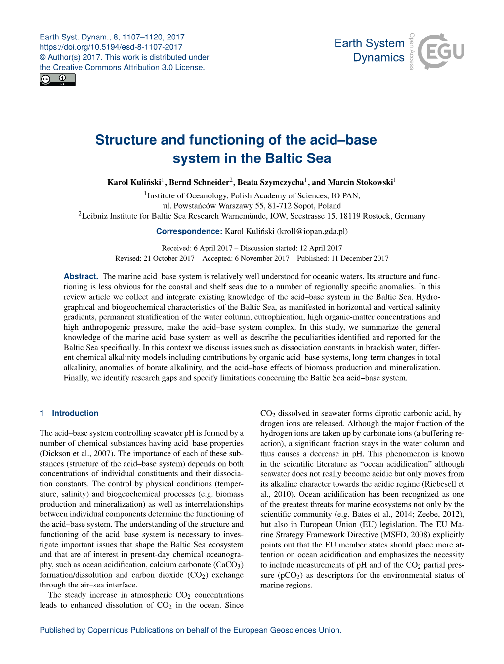 Structure and Functioning of the Acid–Base System in the Baltic Sea