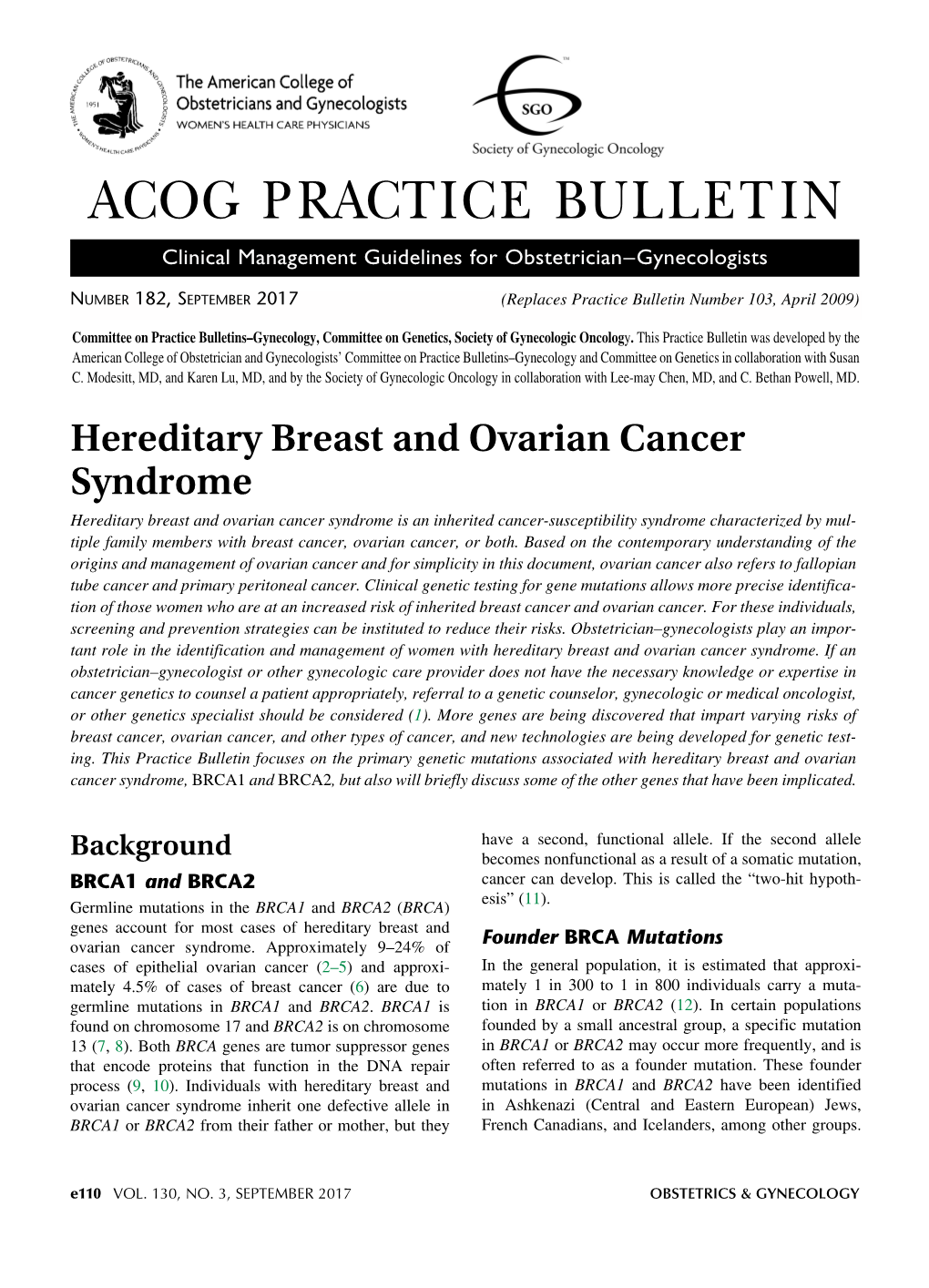 ACOG: Practice Bulletin for Hereditary Breast and Ovarian Cancer