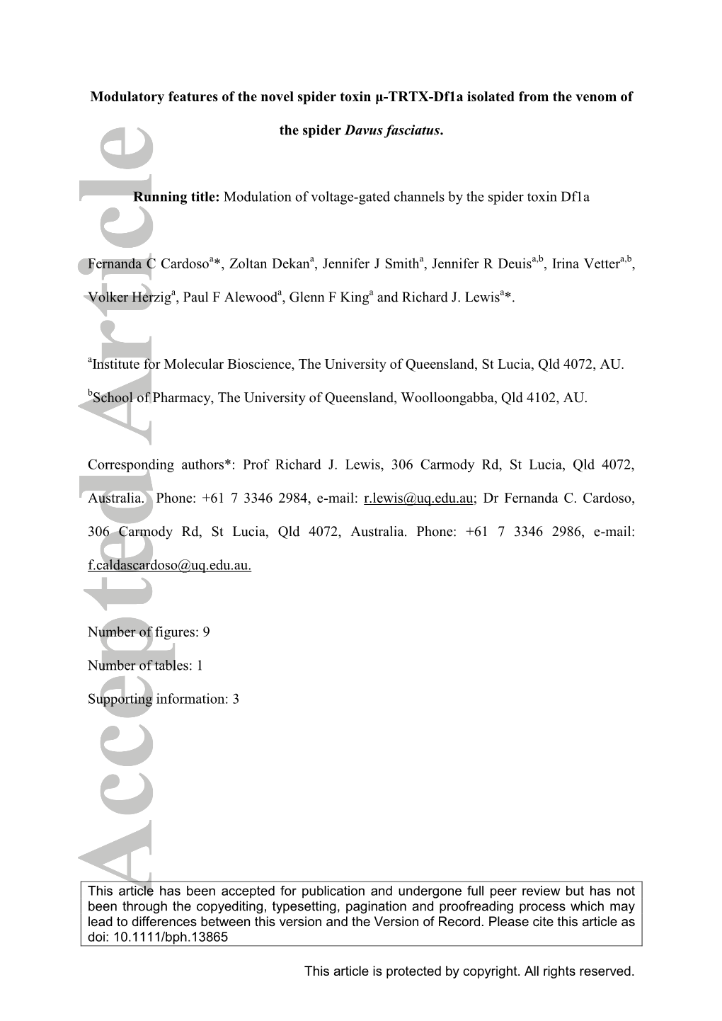 TRTX-Df1a Isolated from the Venom of the Spider Davus Fasciatus