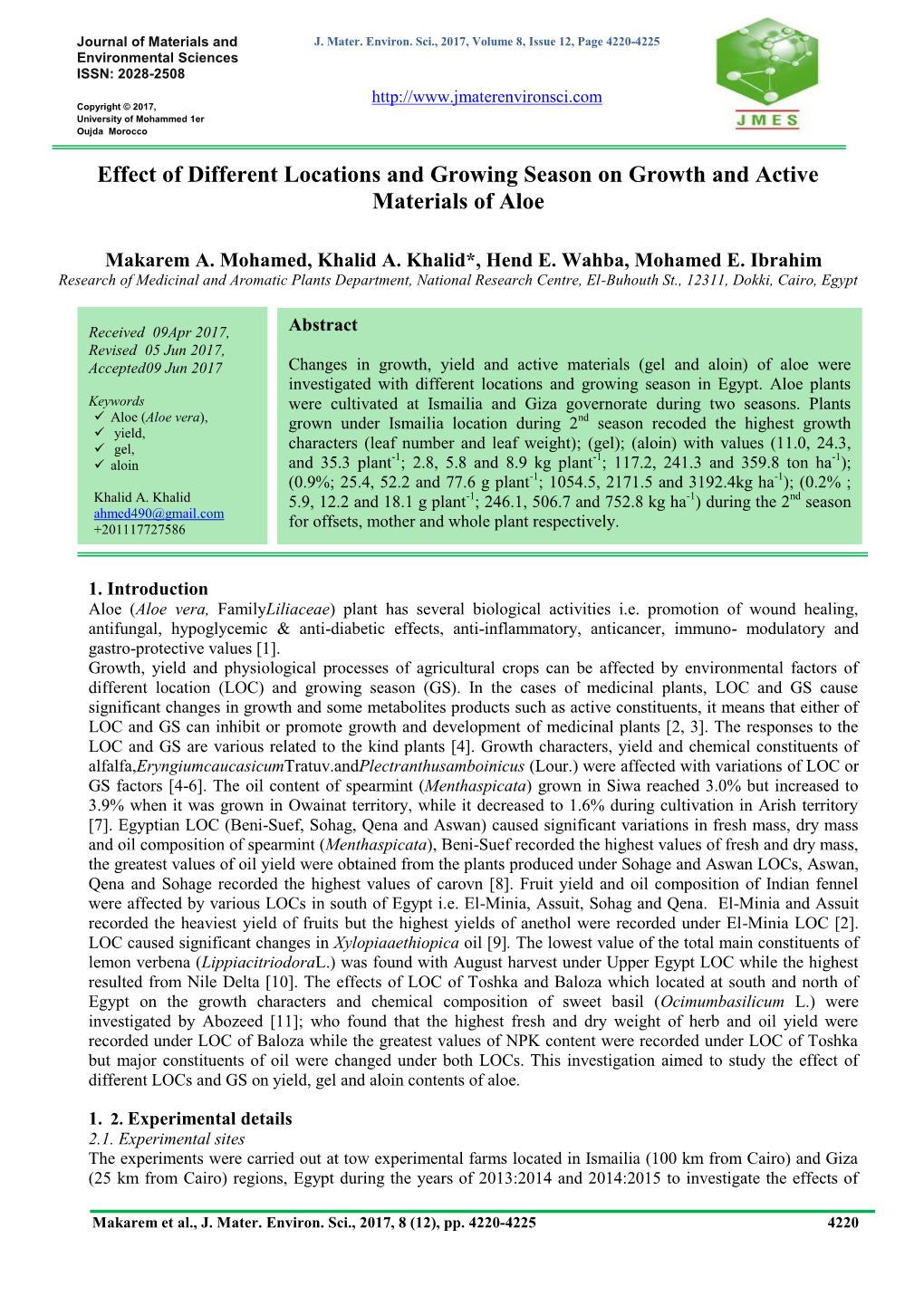 Effect of Different Locations and Growing Season on Growth and Active Materials of Aloe