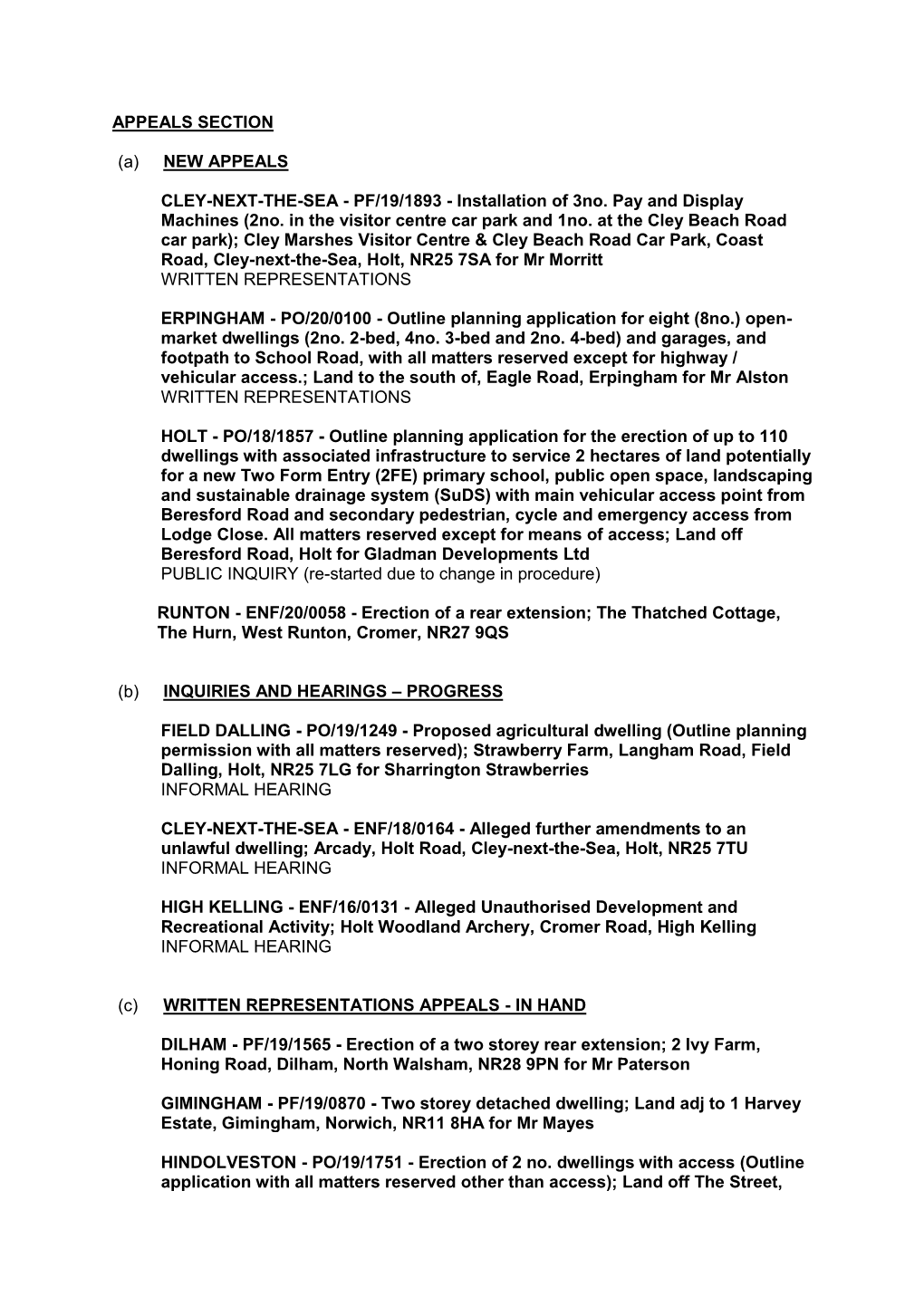 (A) NEW APPEALS CLEY-NEXT-THE-SEA