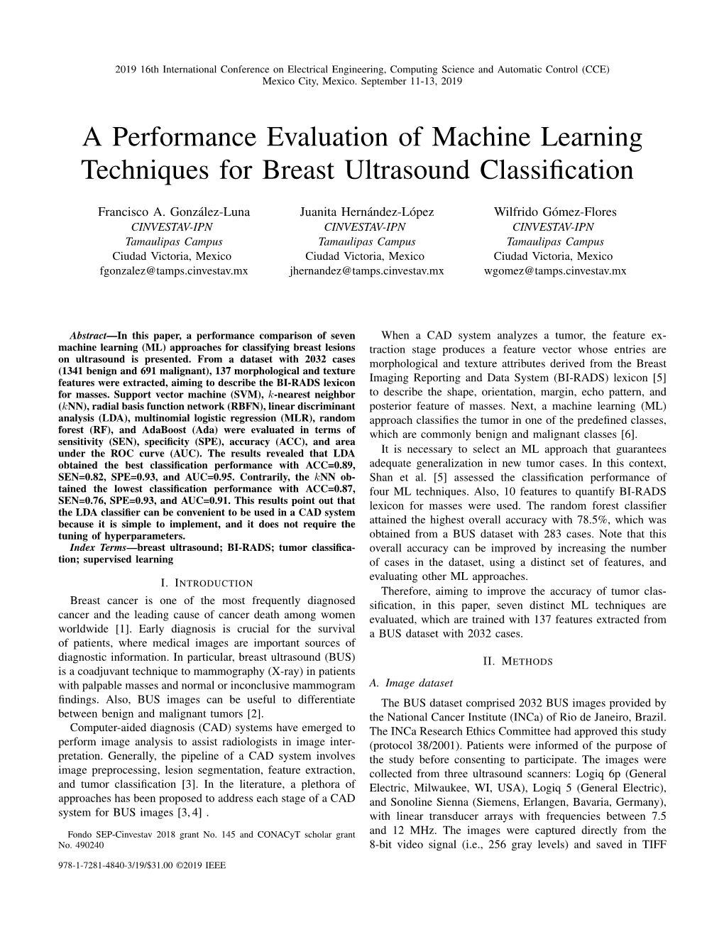 A Performance Evaluation of Machine Learning Techniques for Breast Ultrasound Classification