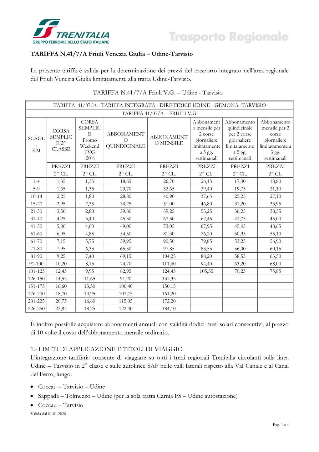 Tariffa 41/7/A Friuli Venezia Giulia Udine-Tarvisio