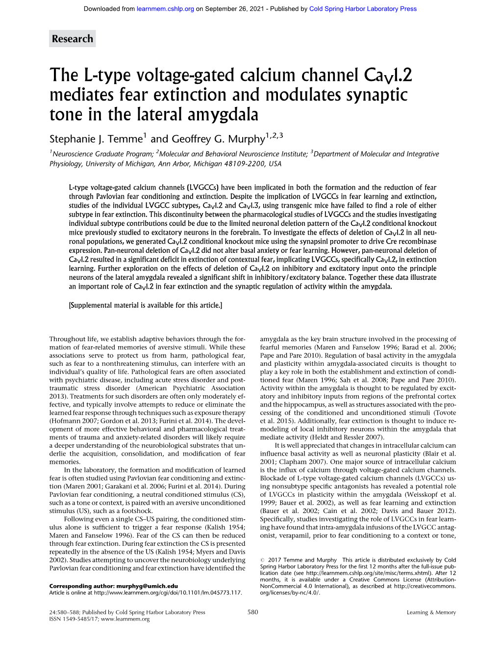 The L-Type Voltage-Gated Calcium Channel Cav1.2 Mediates Fear Extinction and Modulates Synaptic Tone in the Lateral Amygdala