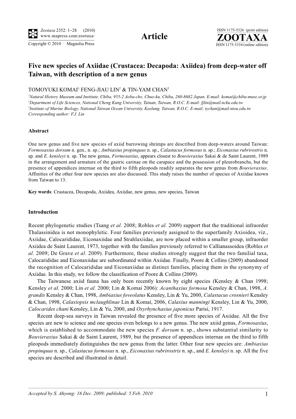 Zootaxa, Five New Species of Axiidae (Crustacea: Decapoda: Axiidea