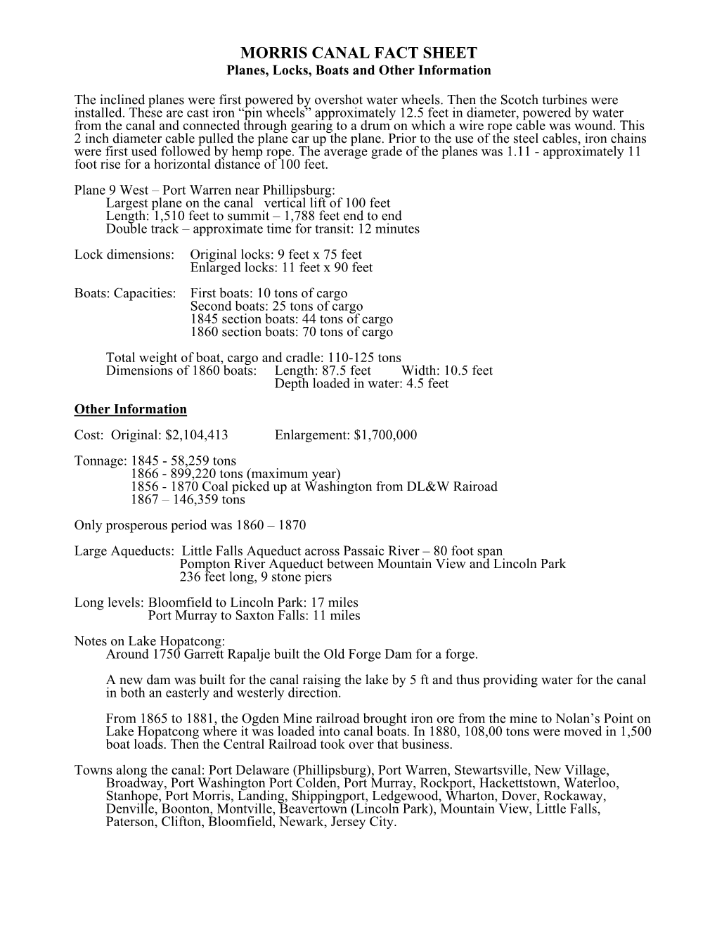 MORRIS CANAL FACT SHEET Planes, Locks, Boats and Other Information