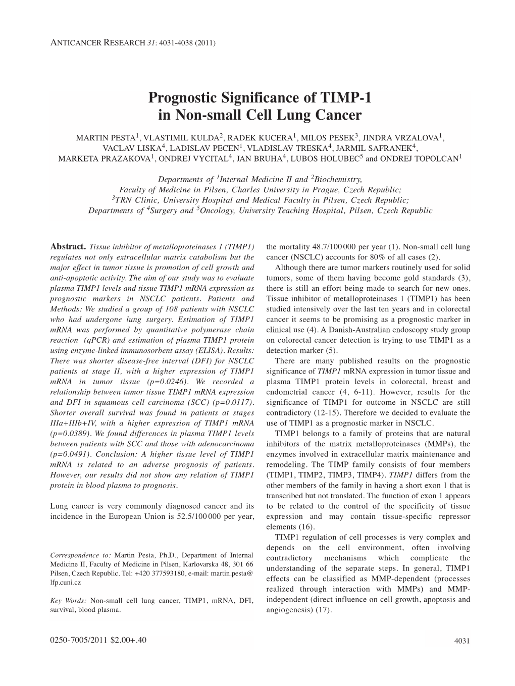 Prognostic Significance of TIMP-1 in Non-Small Cell Lung Cancer