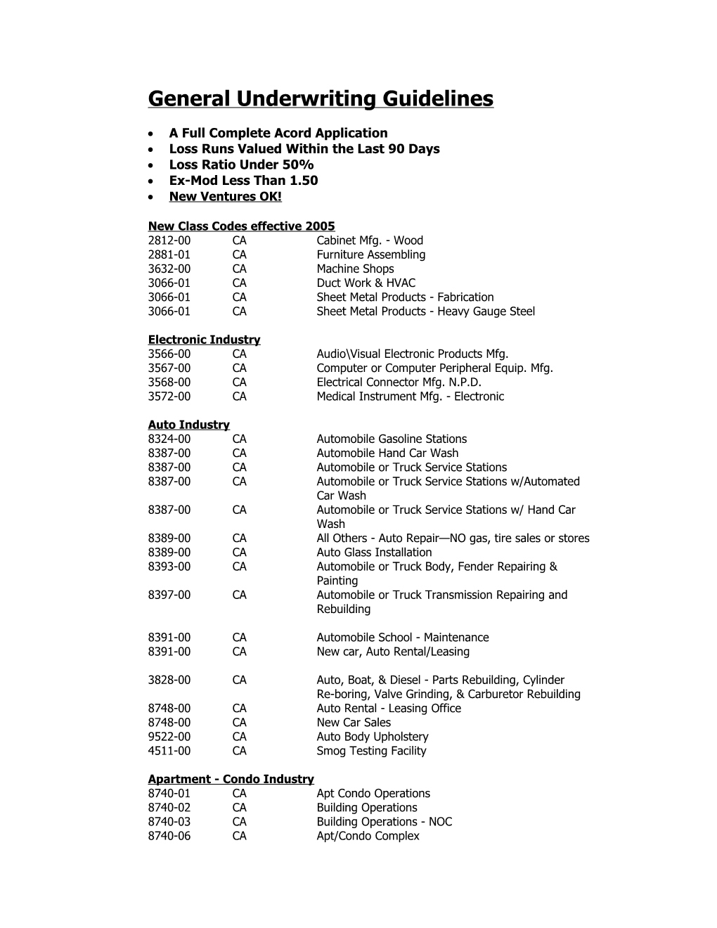 General Underwriting Guidelines