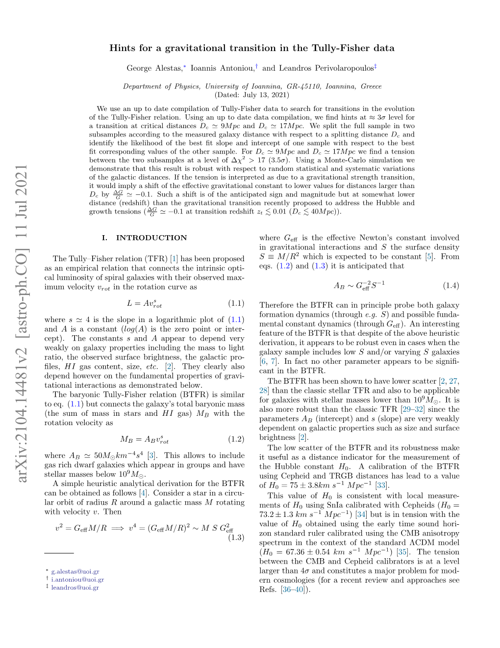 Arxiv:2104.14481V2 [Astro-Ph.CO] 11 Jul 2021 −1 −1 a Simple Heuristic Analytical Derivation for the BTFR of H0 = 75 ± 3.8Km S Mpc [33]