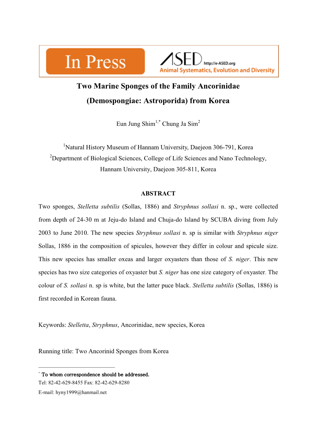 Two Marine Sponges of the Family Ancorinidae (Demospongiae: Astroporida) from Korea