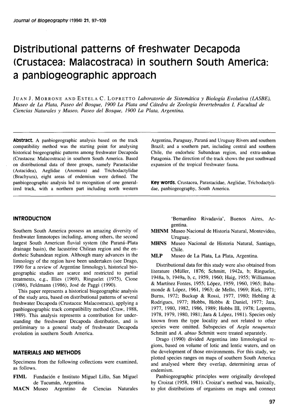 Distributional Patterns of Freshwater Decapoda (Crustacea: Malacostraca) in Southern South America: a Panbiogeographic Approach