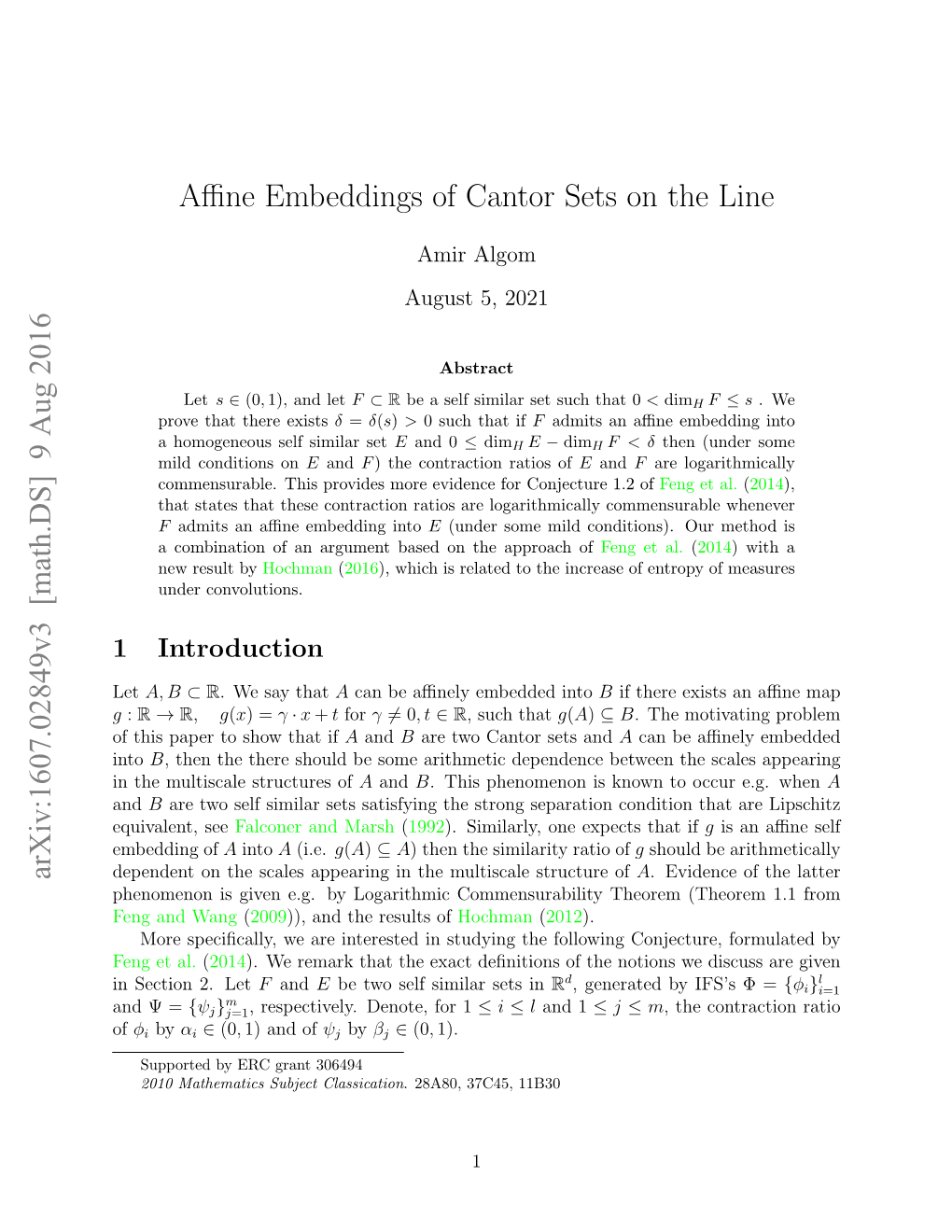 Affine Embeddings of Cantor Sets on the Line Arxiv:1607.02849V3