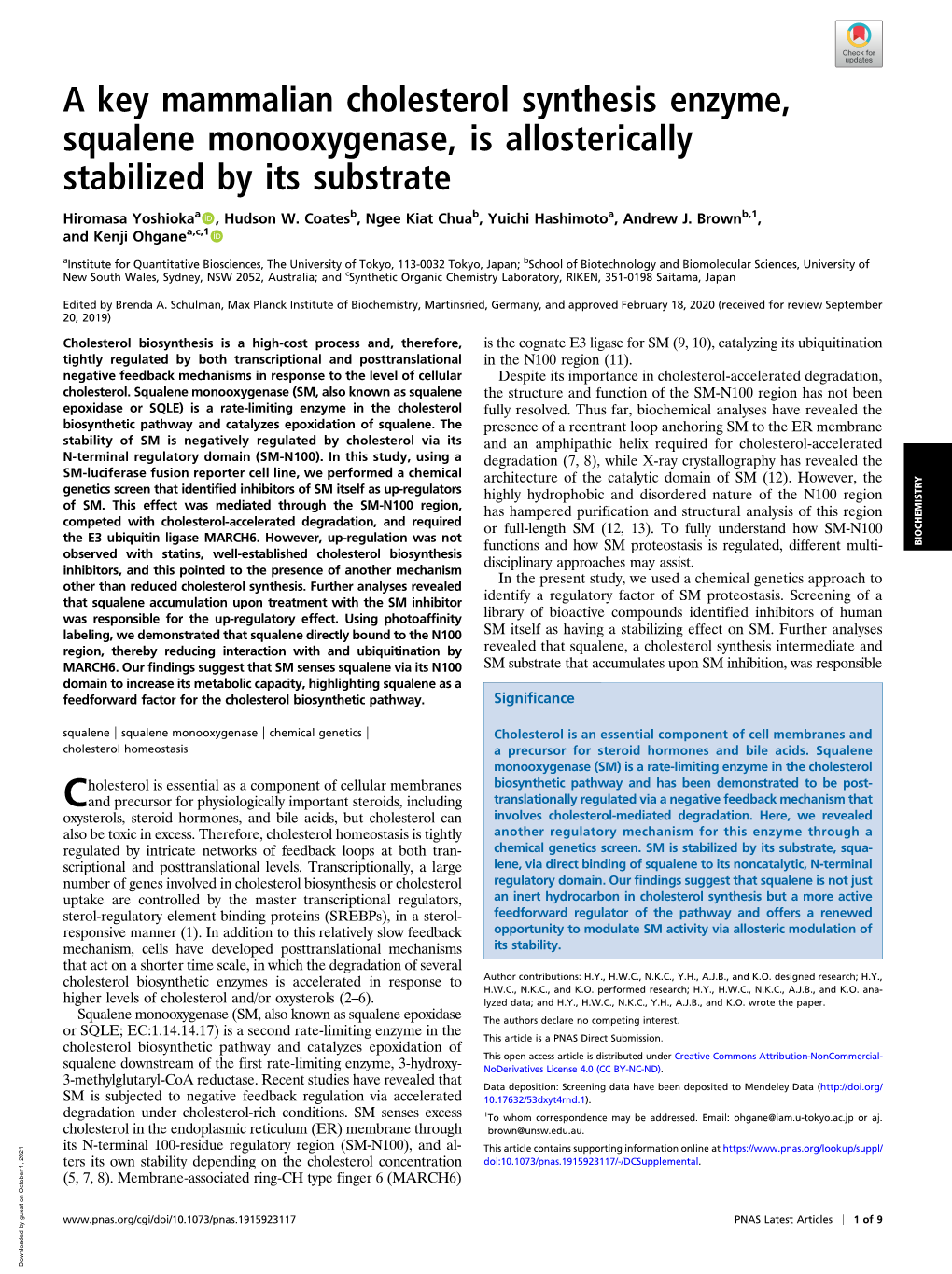 A Key Mammalian Cholesterol Synthesis Enzyme, Squalene Monooxygenase, Is Allosterically Stabilized by Its Substrate