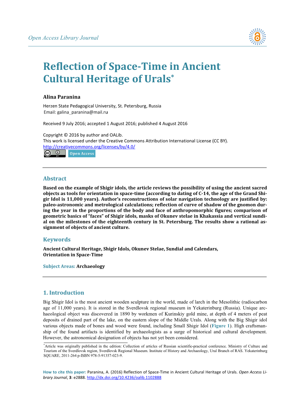 Reflection of Space-Time in Ancient Cultural Heritage of Urals*