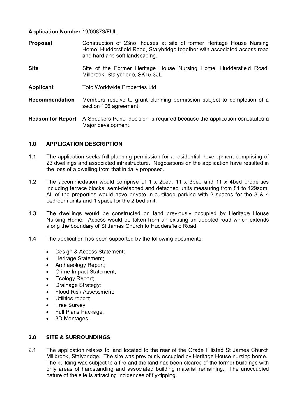 Application Number 19/00873/FUL Proposal Construction of 23No. Houses at Site of Former Heritage House Nursing Home, Huddersfiel