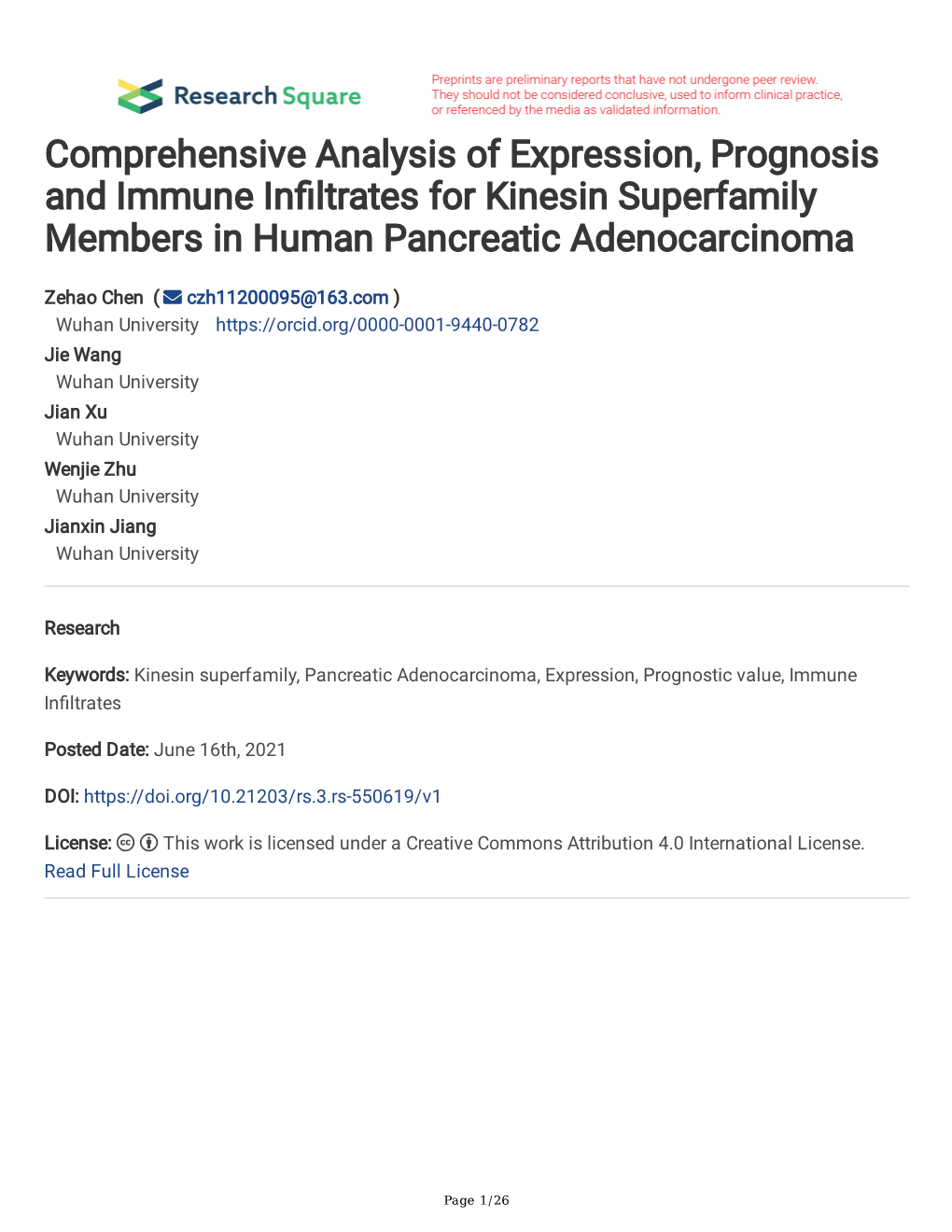 Comprehensive Analysis of Expression, Prognosis and Immune Infltrates for Kinesin Superfamily Members in Human Pancreatic Adenocarcinoma