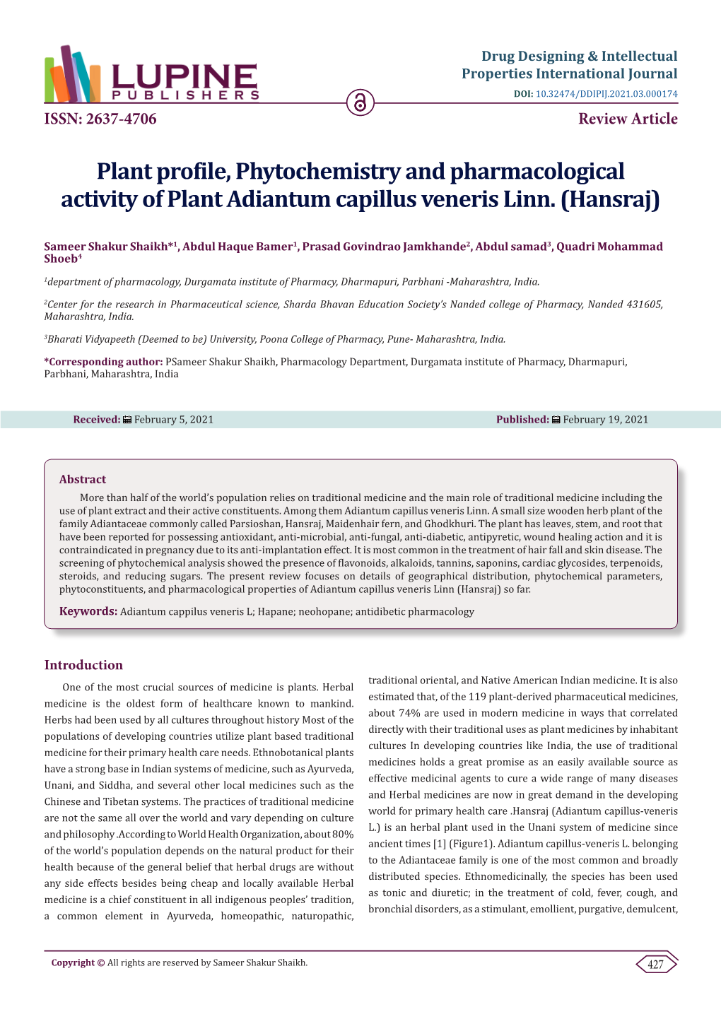 Plant Profile, Phytochemistry and Pharmacological Activity of Plant Adiantum Capillus Veneris Linn