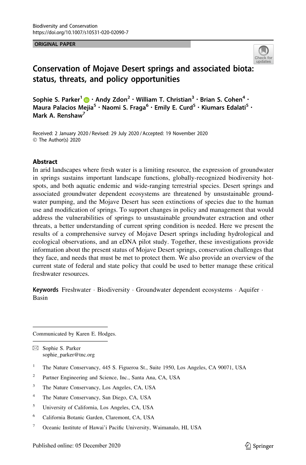 Conservation of Mojave Desert Springs and Associated Biota: Status, Threats, and Policy Opportunities