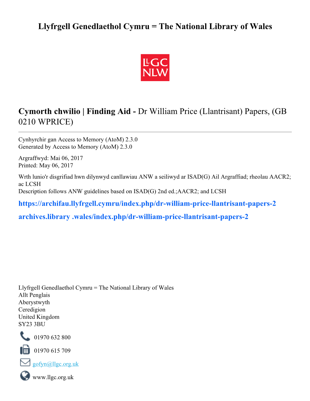 Dr William Price (Llantrisant) Papers, (GB 0210 WPRICE)