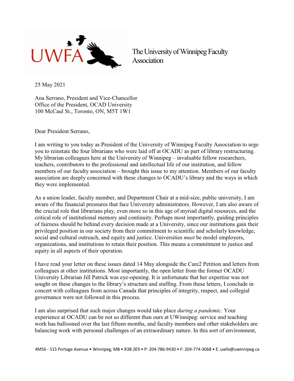 Letter from the University of Winnipeg Faculty Association