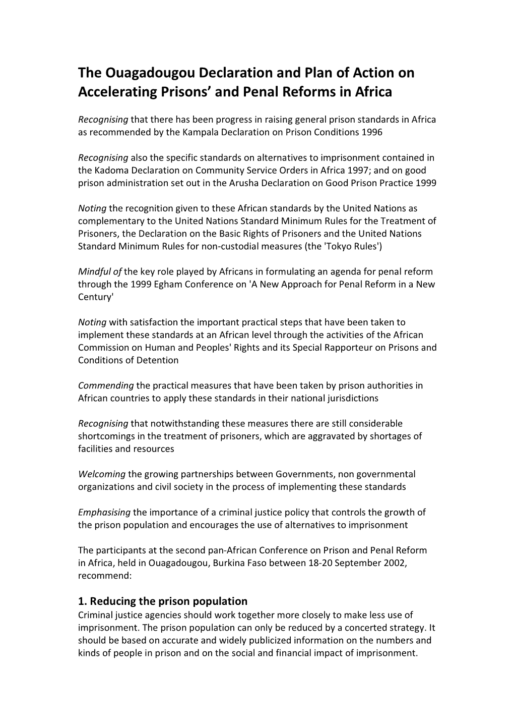 The Ouagadougou Declaration and Plan of Action on Accelerating Prisons’ and Penal Reforms in Africa