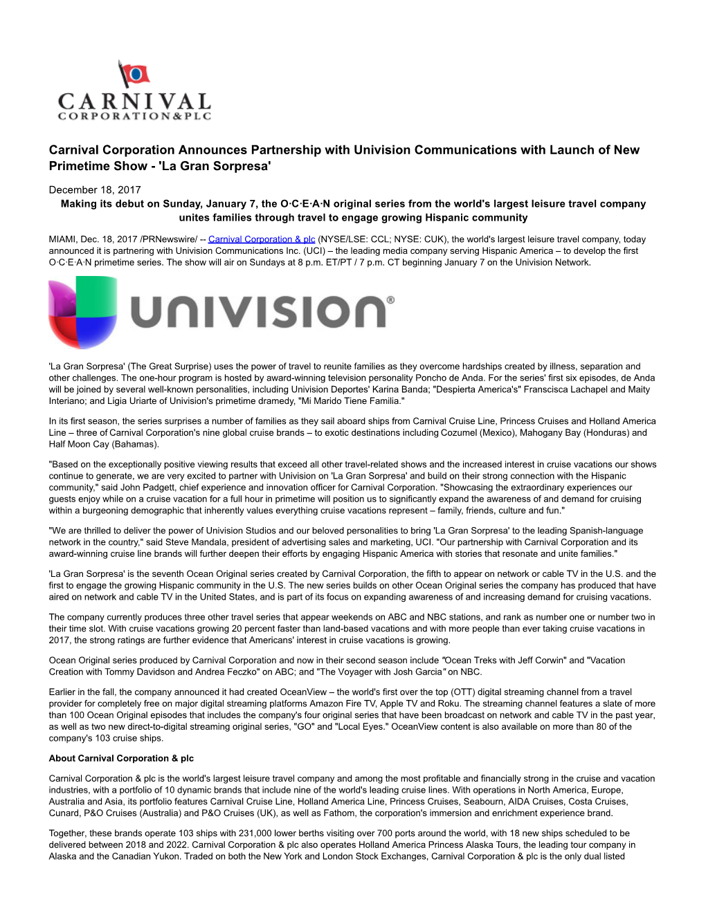 Carnival Corporation Announces Partnership with Univision Communications with Launch of New Primetime Show - 'La Gran Sorpresa'